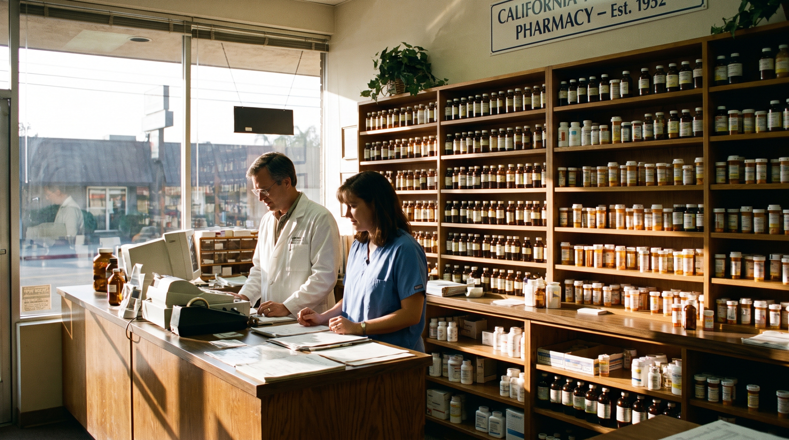 A California independent pharmacy interior in the early 1990s, a pharmacist in white coat and a pharmacy technician in blue scrubs working side by side at the dispensing counter, prescription vials and amber stock bottles on tall shelving behind, late afternoon light through the storefront window, a small California Board of Pharmacy license on the wall. AB 1244 (Polanco, 1991) created the pharmacy technician category in California.