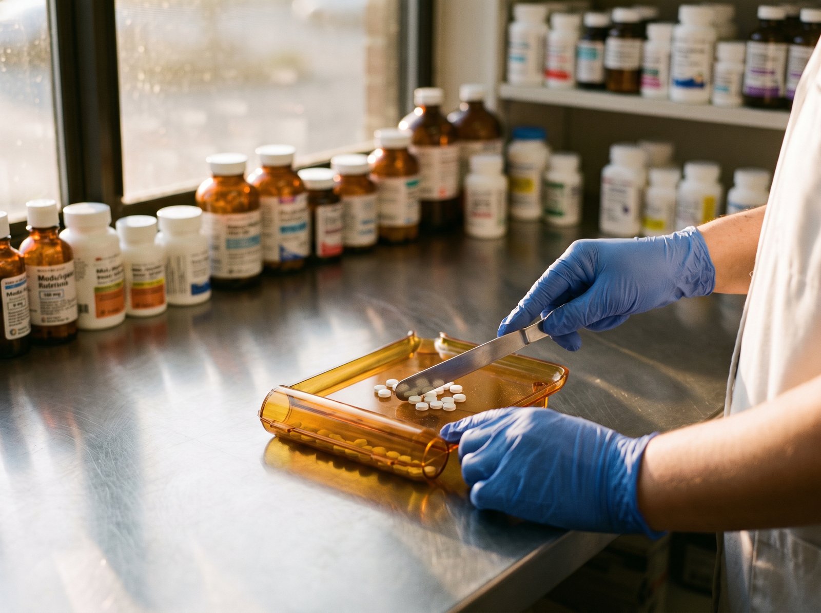 A pharmacy technician hands counting tablets into a pill counting tray on a stainless steel pharmacy counter, rows of stock bottles in soft focus behind, late afternoon warm side window light, the working craft of pharmacy technicians in California, the workforce category that AB 1244 (Polanco, 1991) created.