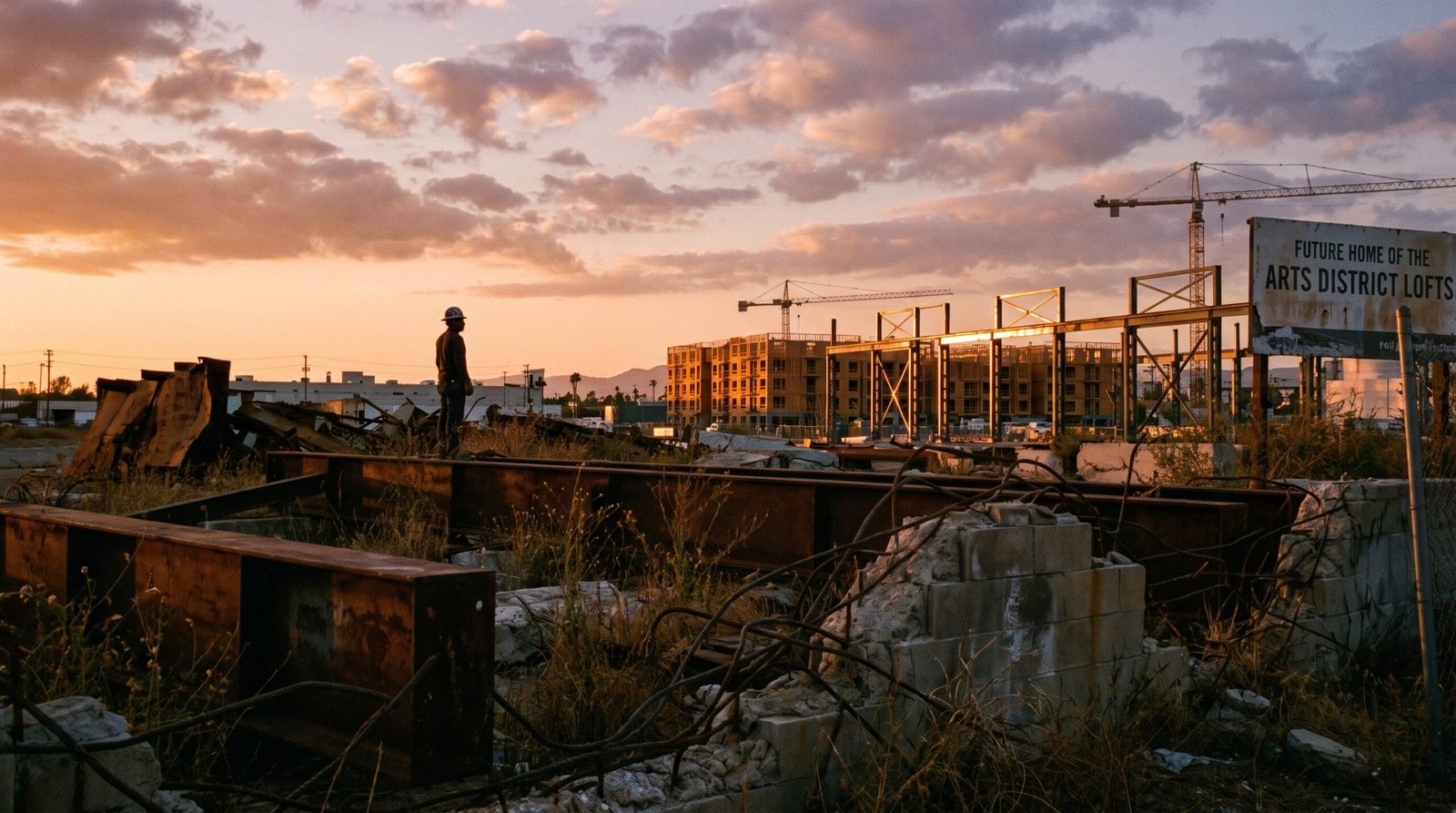 A reclaimed brownfield site in Los Angeles at golden hour, with construction cranes in the background showing the transition from contaminated industrial land to new mixed-use development. The Polanco Act (AB 3193, 1990) made this kind of cleanup possible across California.
