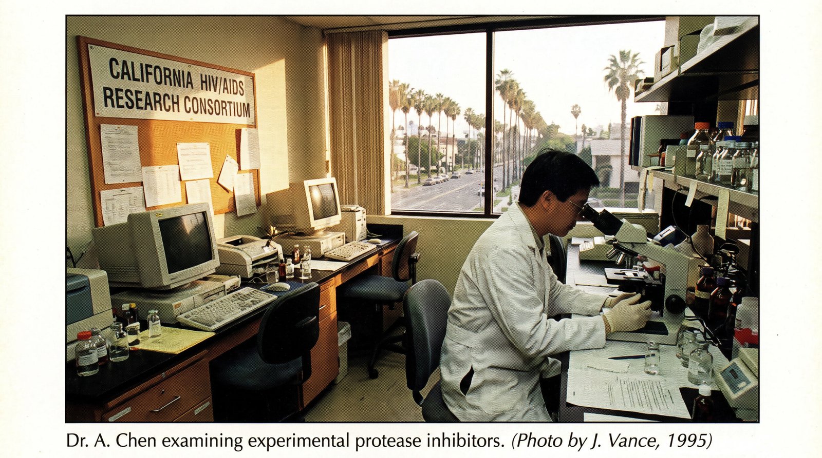 California HIV/AIDS research laboratory mid-1990s, a researcher examining protease inhibitor compounds under a microscope, archival editorial style, late afternoon light, dignified and procedural. SB 1944 (Polanco, 1996) sought to expand access to the new protease inhibitor treatments, but the bill died in committee.