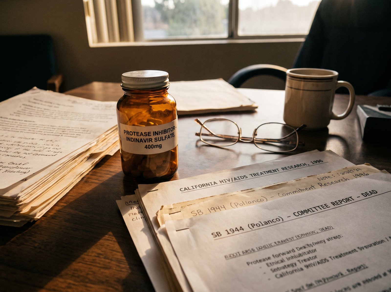 Close-up of a protease inhibitor pill bottle and HIV medication research papers on a clinic desk, late afternoon light, archival editorial style, the working tool of the California HIV/AIDS protease inhibitor treatment.