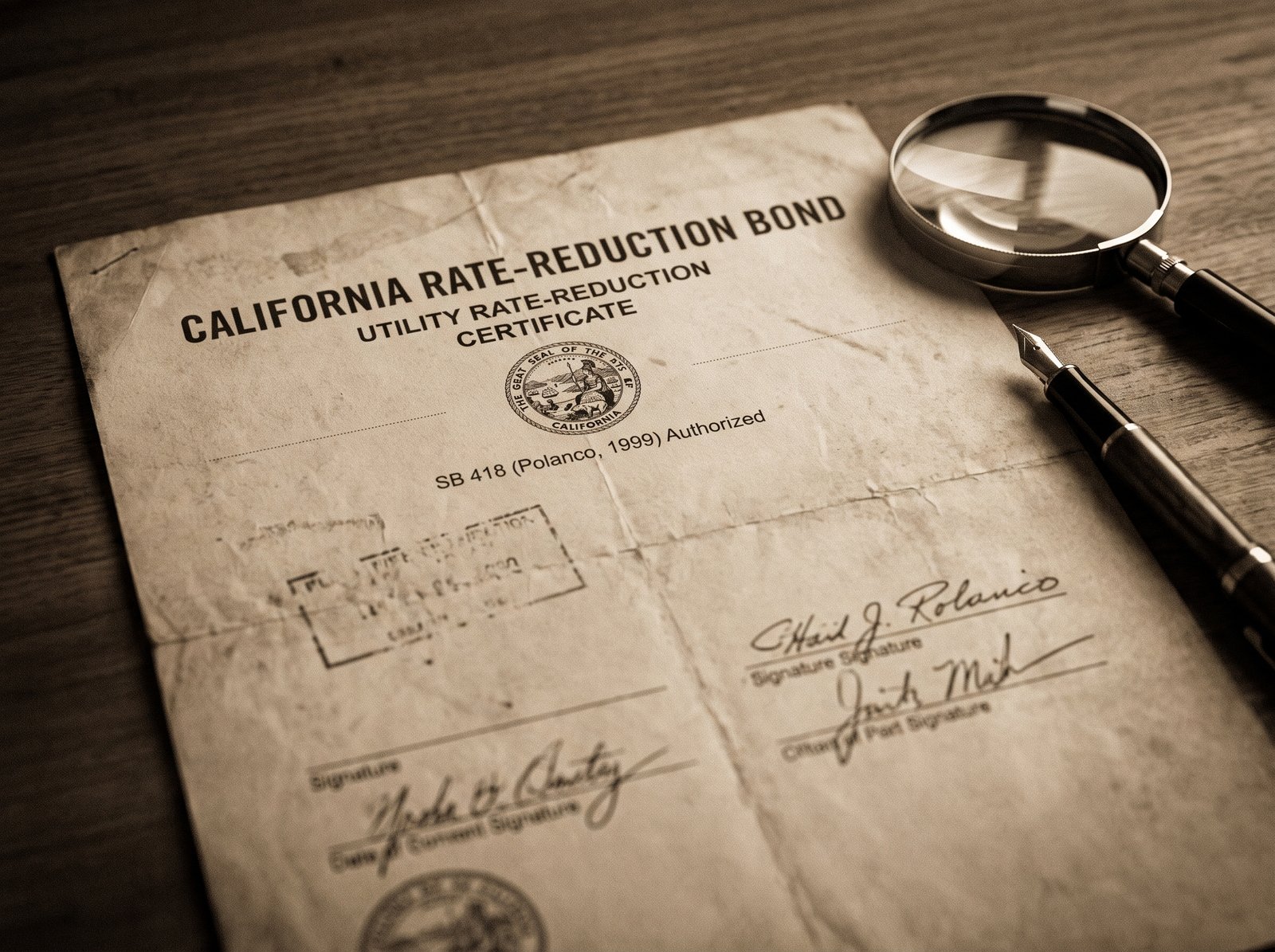 Close-up of a financial document showing a utility rate-reduction bond certificate, late afternoon light, archival editorial style, the working instrument of California rate-reduction finance.