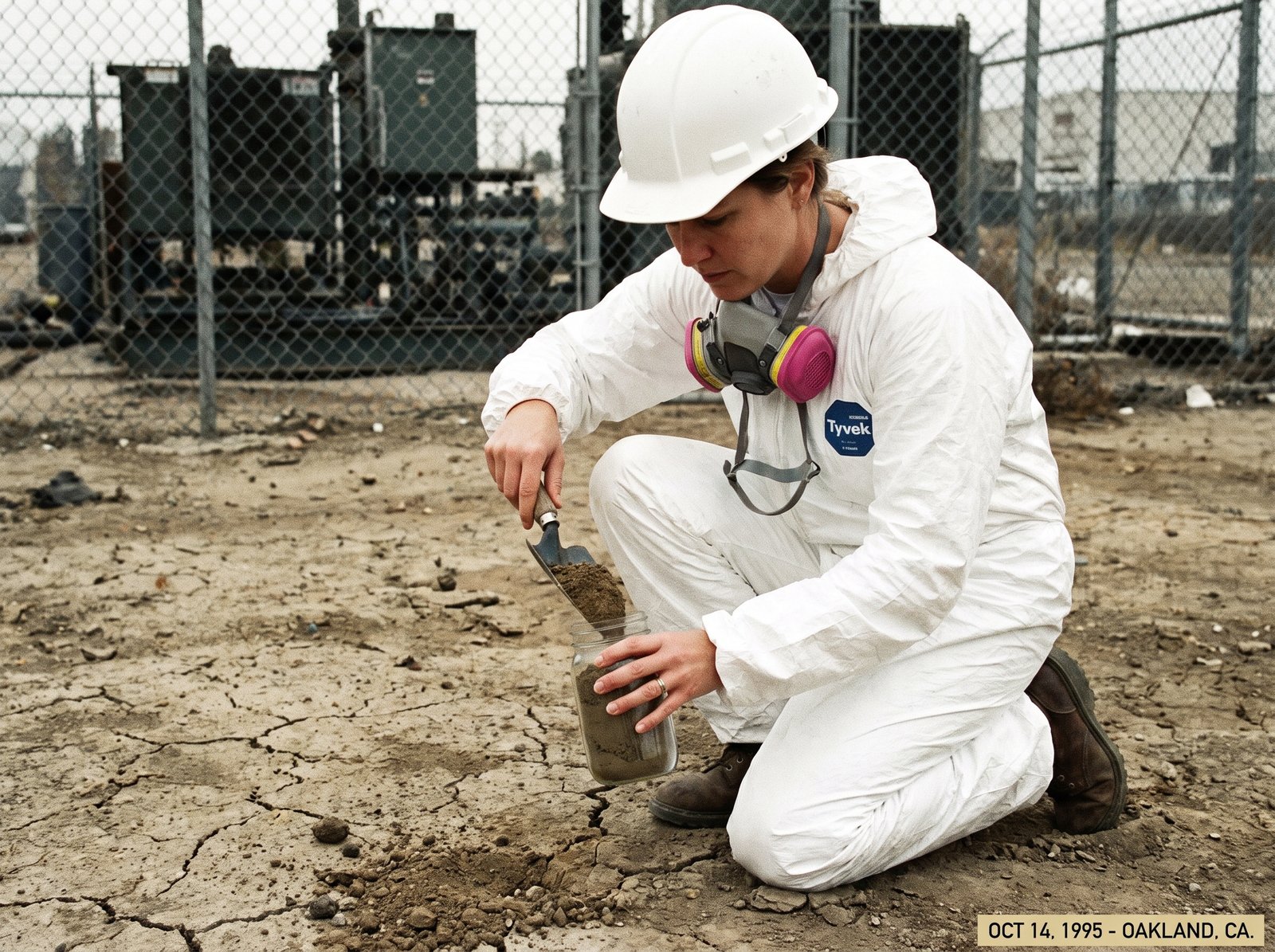 California environmental sampling worker mid-1990s at a brownfield site, taking soil samples in protective gear, archival editorial style, the working practice of California brownfield cleanup.