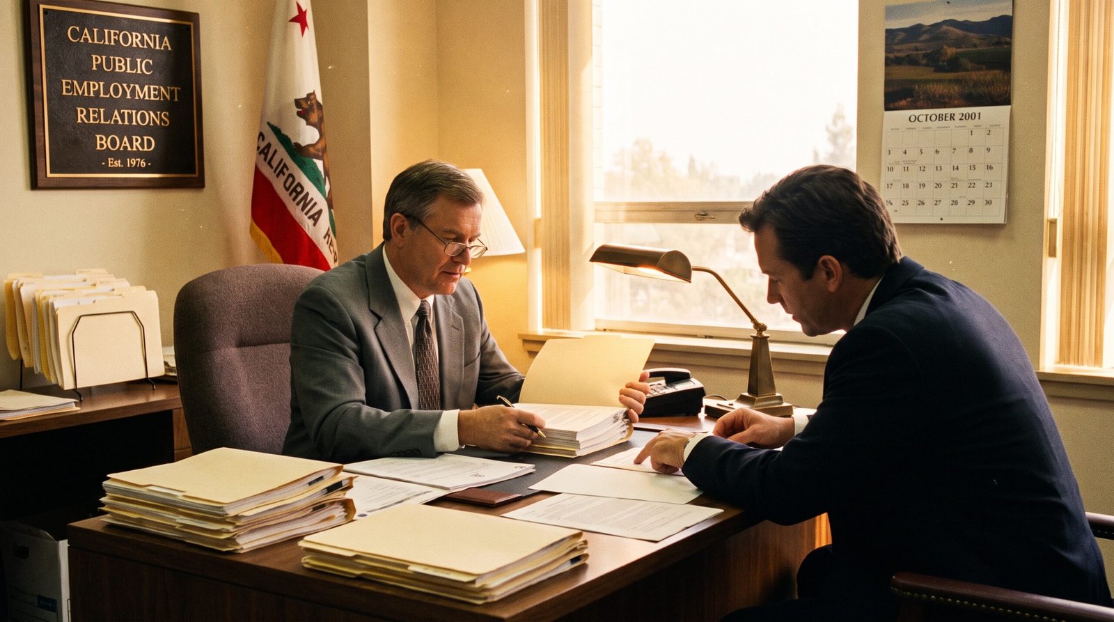 California public sector contracting office early 2000s, a state agency official reviewing a public employment contract with a private contractor, archival editorial style, late afternoon light, dignified and procedural. SB 127 (Polanco, 2001) sought to reform the public employment contracting framework, but was vetoed by Governor Davis.