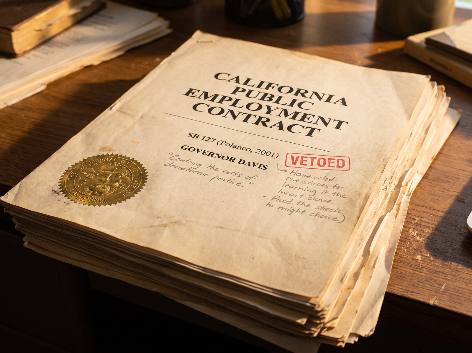 Close-up of a California public employment contract on a state agency desk, with a small California state seal visible, late afternoon light, archival editorial style, the working document of California public employment contracting.