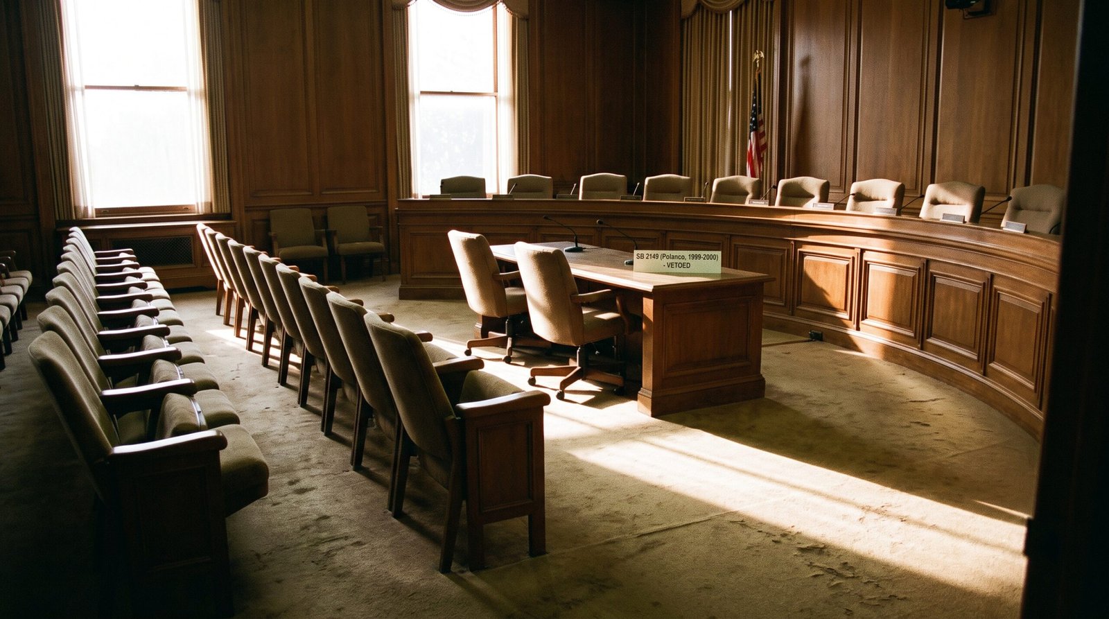An empty California state capitol legislative hearing room late 1990s, the institutional setting of the fourteen bills that were heard but did not become law.