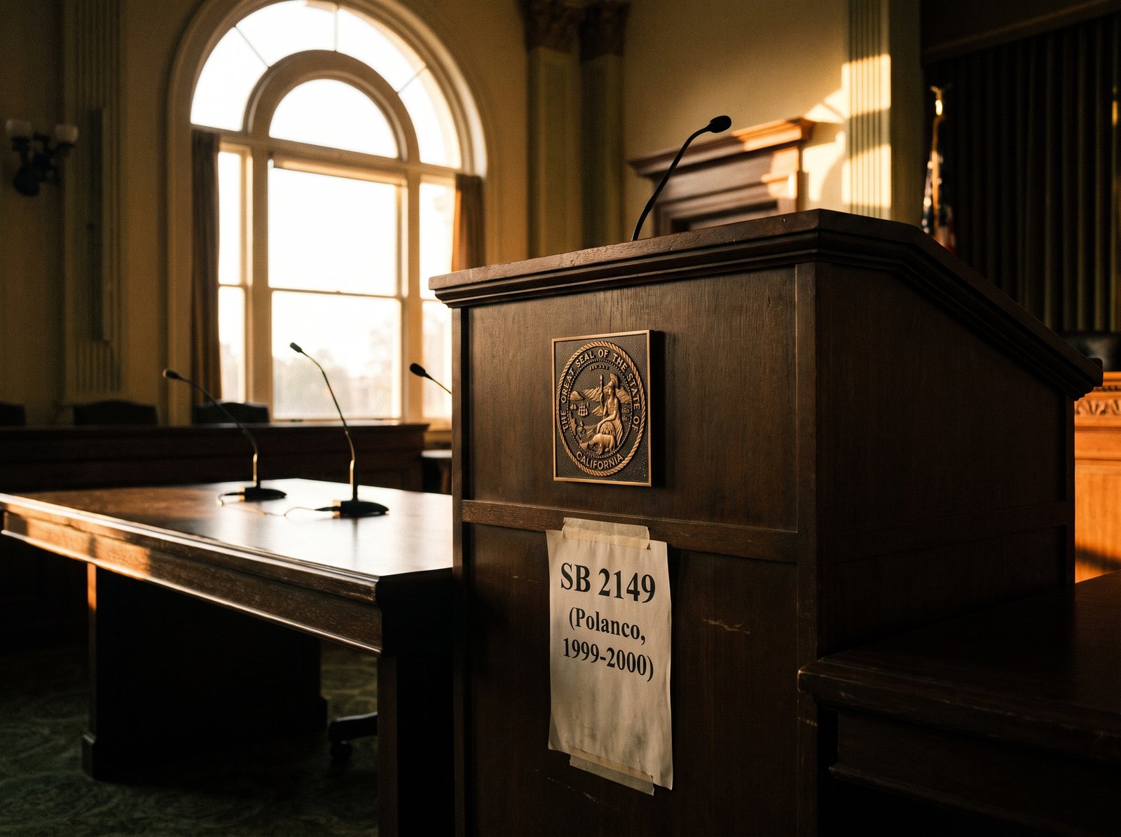 Close-up of an empty California legislative hearing room witness table with a small California state seal on a wooden podium, the working setting of California legislative deliberation.
