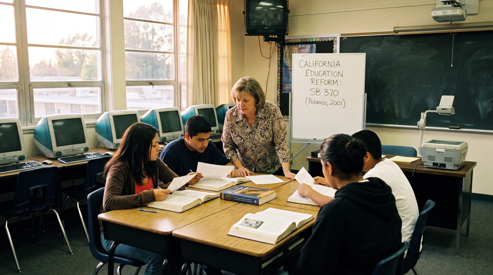 California public school classroom early 2000s, a teacher and students working on a lesson plan, late afternoon light, archival editorial style, dignified and procedural. SB 370 (Polanco, 2001) sought to reform the California public education framework, but was vetoed by Governor Davis.