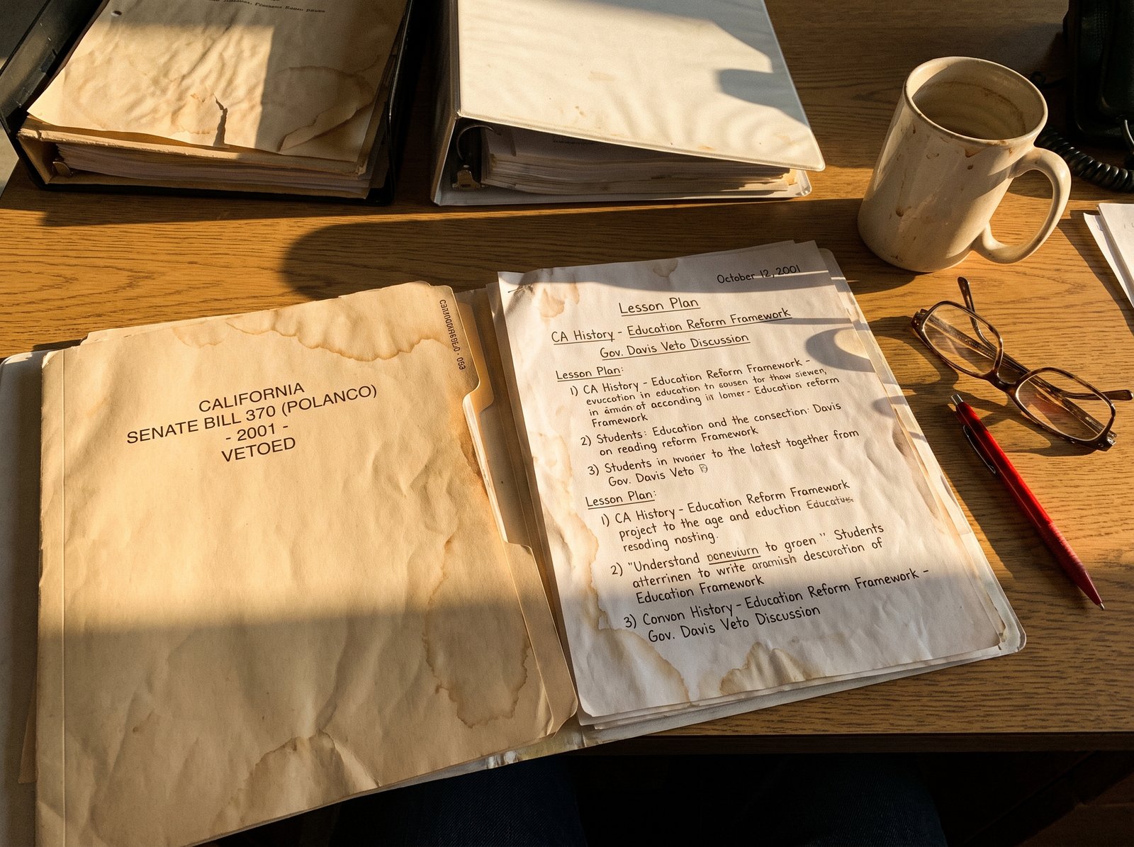 Close-up of a California public school lesson plan and education policy document on a teachers desk, late afternoon light, archival editorial style, the working document of California public education reform.