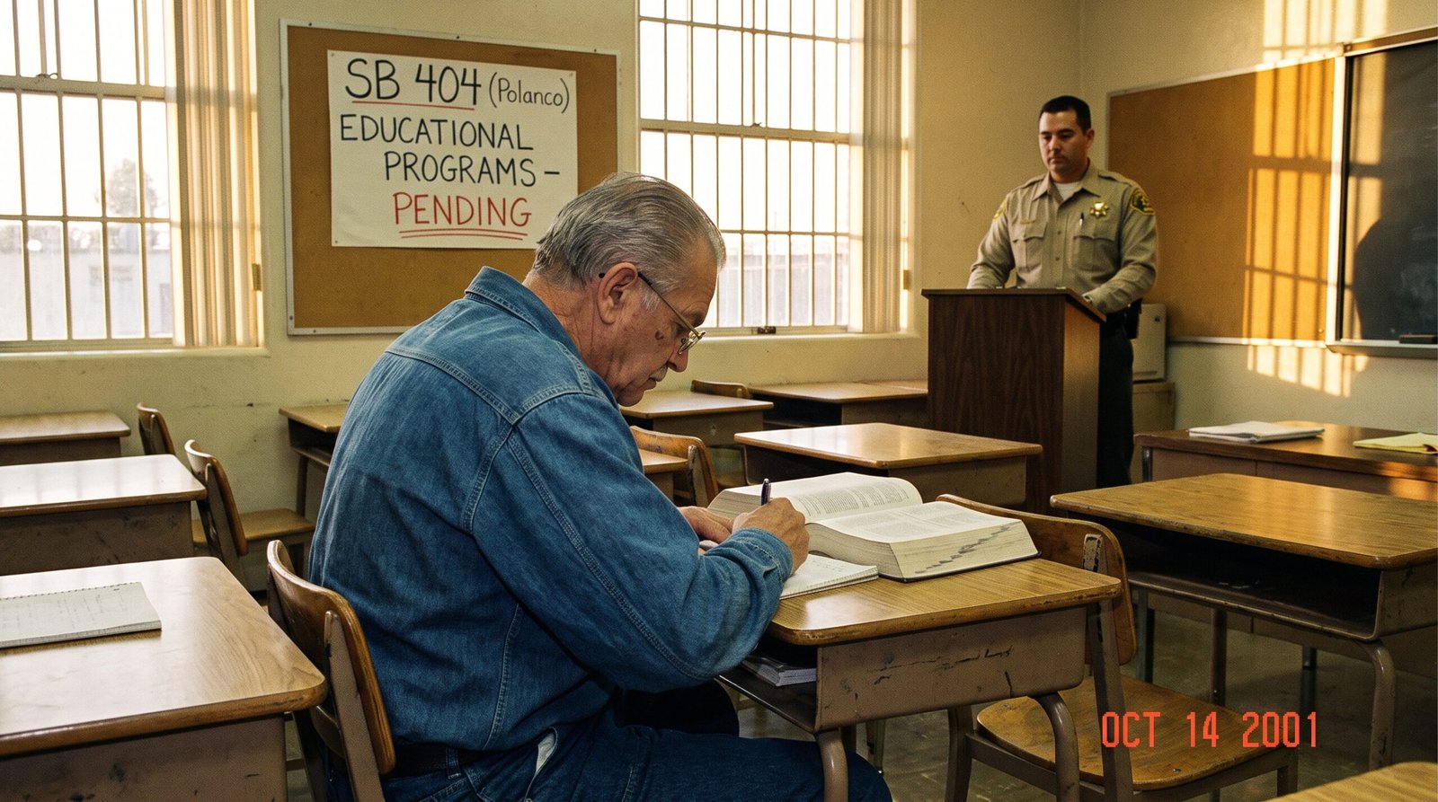 California state prison education classroom early 2000s, an inmate studying at a desk under supervision, late afternoon light, archival editorial style, dignified and procedural. SB 404 (Polanco, 2001) sought to expand inmate education programs in California state prisons, but was vetoed by Governor Davis.