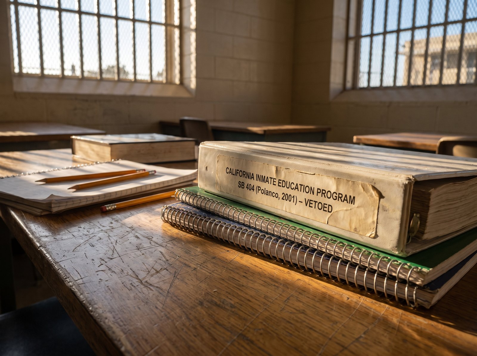 Close-up of a California inmate education program textbook and study materials on a prison classroom desk, late afternoon light, archival editorial style, the working tool of California inmate education.
