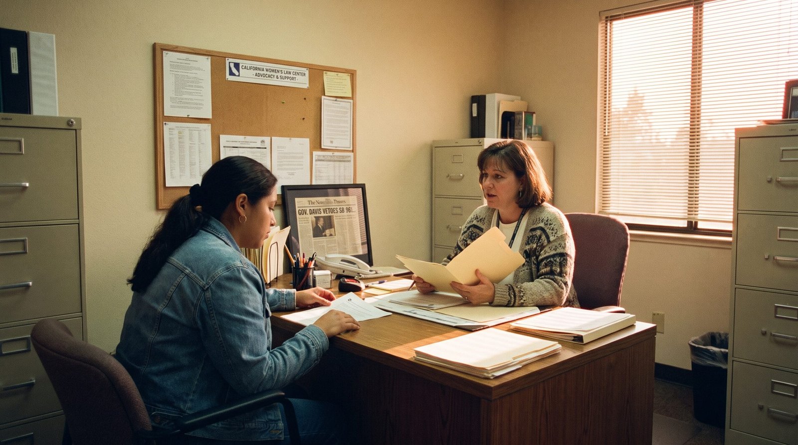 California domestic violence advocacy office early 2000s, a counselor and a survivor in a private consultation, late afternoon light, archival editorial style, dignified and procedural. SB 961 (Polanco, 2001) sought to reform the domestic violence reporting framework, but was vetoed by Governor Davis.
