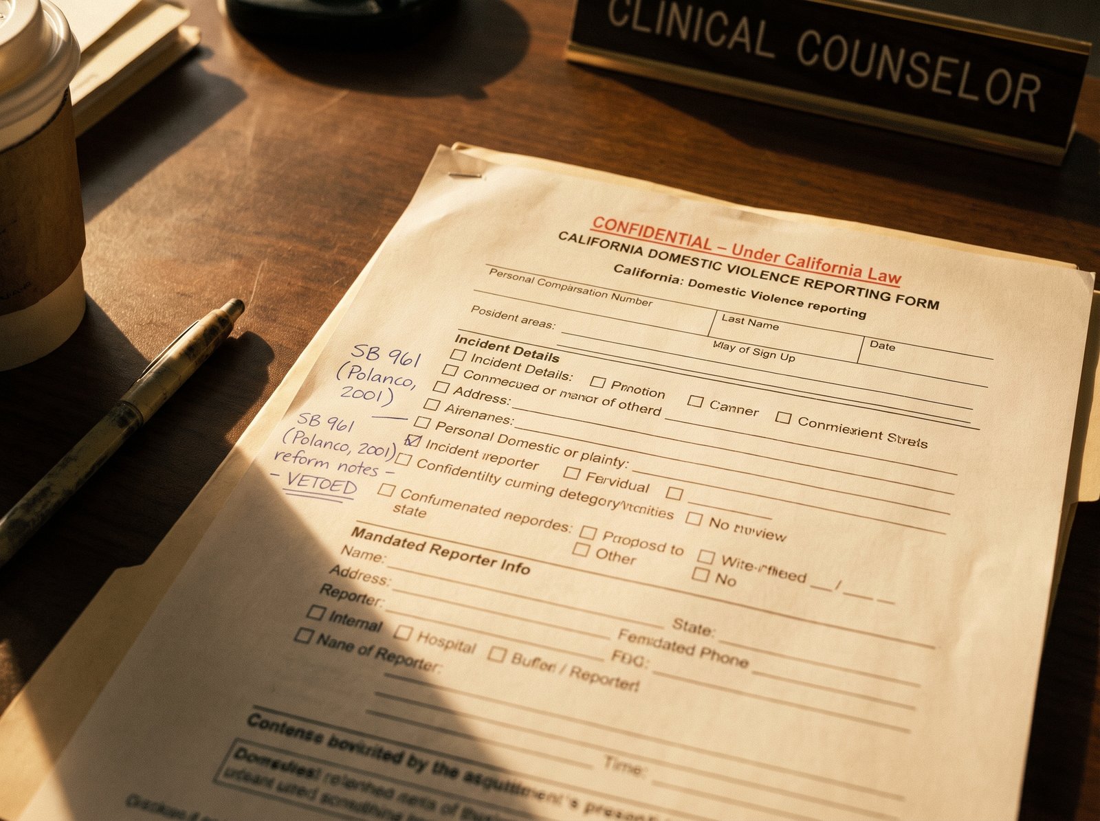 Close-up of a California domestic violence reporting form on a counselor desk, with confidentiality protections visible, late afternoon light, archival editorial style, the working document of California domestic violence reporting.
