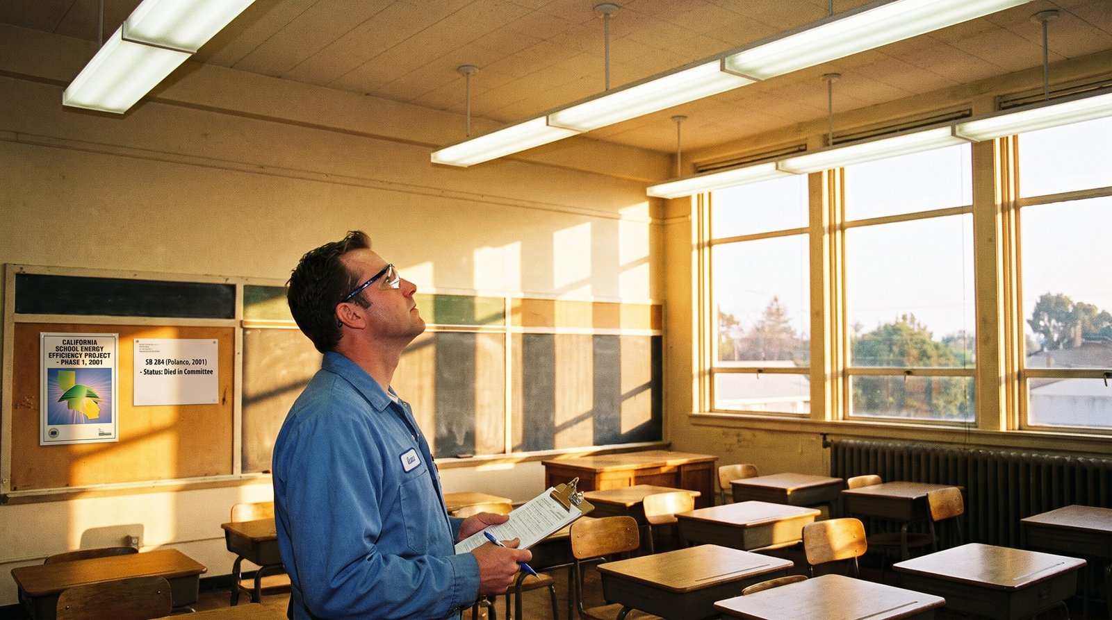California public school energy efficiency project early 2000s, a worker inspecting energy efficient lighting in a school classroom, late afternoon light, archival editorial style, dignified and procedural. SB 284 (Polanco, 2001) sought to require the school energy efficiency framework, but the bill died in committee.