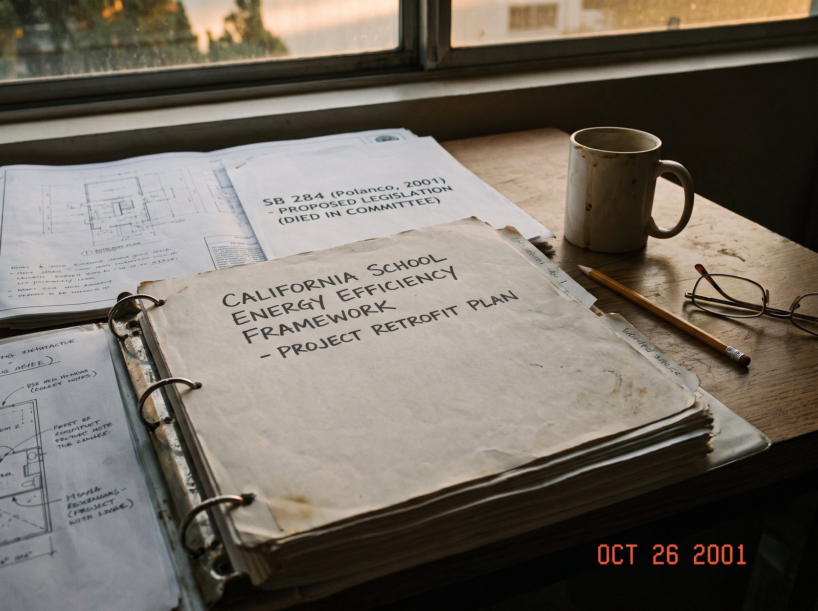 Close-up of a California public school energy efficiency retrofit project plan on a desk, late afternoon light, archival editorial style, the working tool of the California school energy efficiency framework.