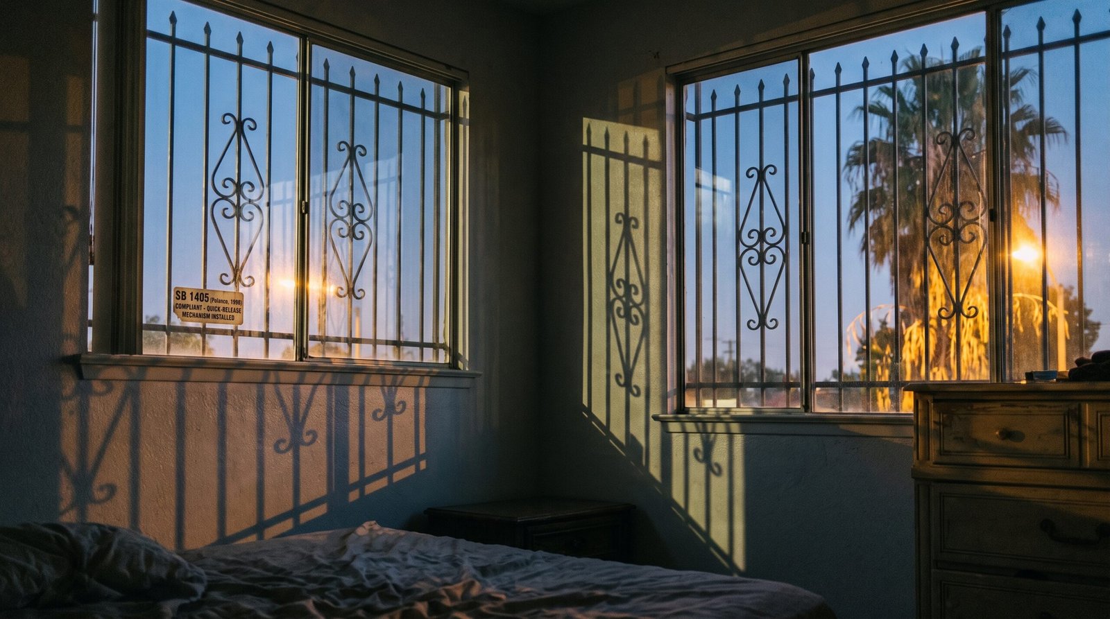 California bedroom window with decorative security bars at dusk, the bars casting long shadows on the wall, archival editorial style, slightly tense safety vs. fire egress tension. SB 1405 (Polanco, 1998) required security bars to have quick-release mechanisms for fire safety.