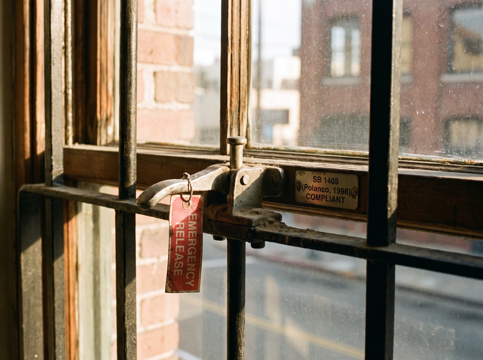 Close-up of a window security bar quick-release mechanism, the small interior lever or pin that allows the bars to swing open in an emergency, late afternoon light, archival editorial style, the working tool of fire safety.
