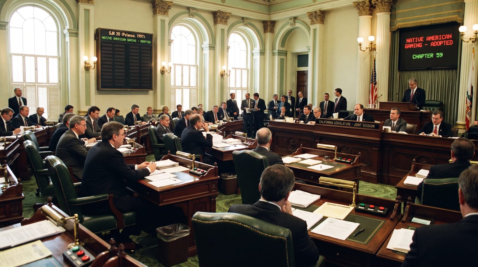 California State Capitol legislative chamber mid-1990s, senators and assembly members voting on a joint resolution at the desks, late afternoon light, archival editorial style, dignified and procedural. SJR 20 (Polanco, 1997) was a joint resolution memorializing Native American gaming, adopted as Resolution Chapter 59.