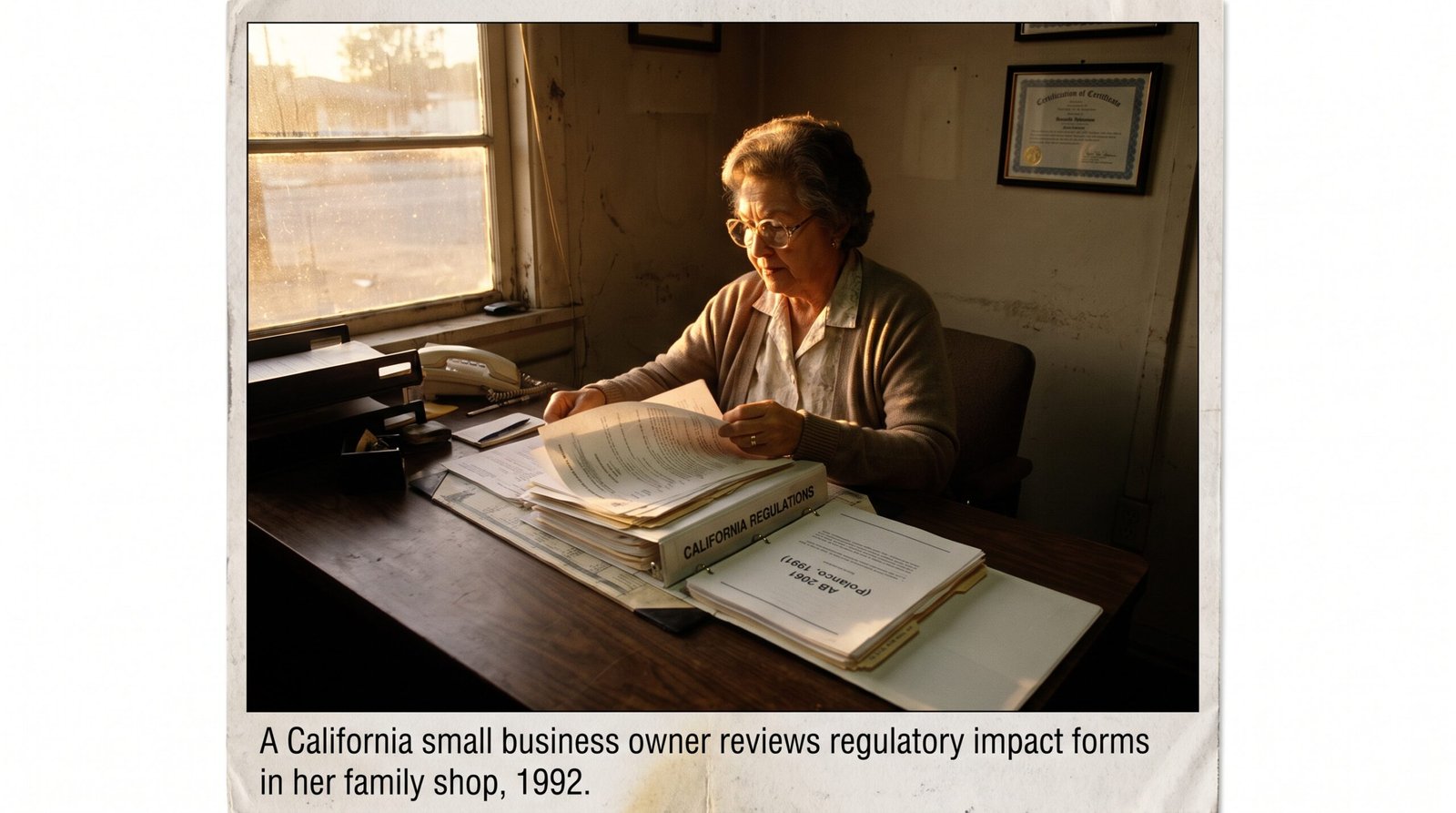 California small business owner reviewing regulatory paperwork at her desk in a family-owned shop, late afternoon light, archival editorial style, dignified and procedural. AB 2061 (Polanco, 1991) required state agencies to assess the small-business impact of new regulations.