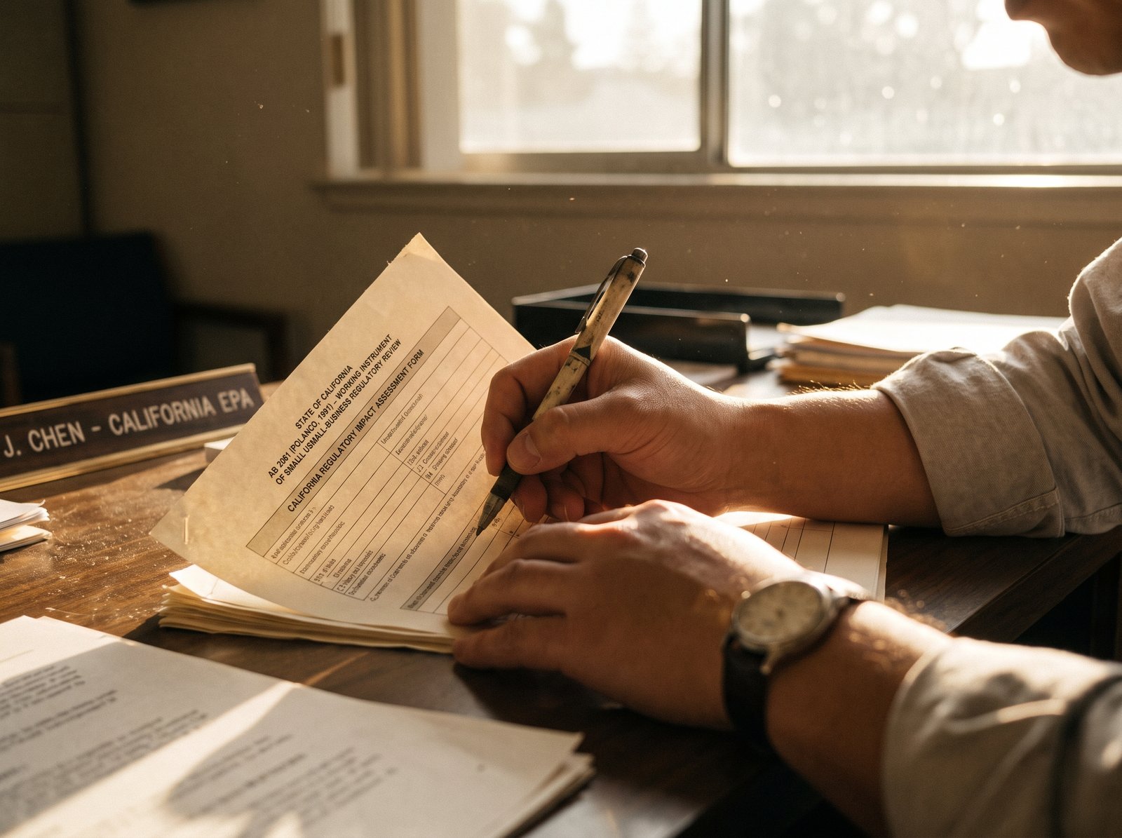 Close-up of a regulatory impact assessment form being filled out by a California state agency staff member, late afternoon light, archival editorial style, the working instrument of small-business regulatory review.