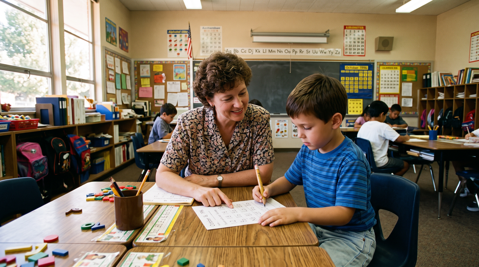 A California special education classroom mid-1990s, a teacher working one-on-one with a student, afternoon light, archival editorial style. AB 1892 (Polanco, 1994) clarified county mental health department responsibilities for special education students.