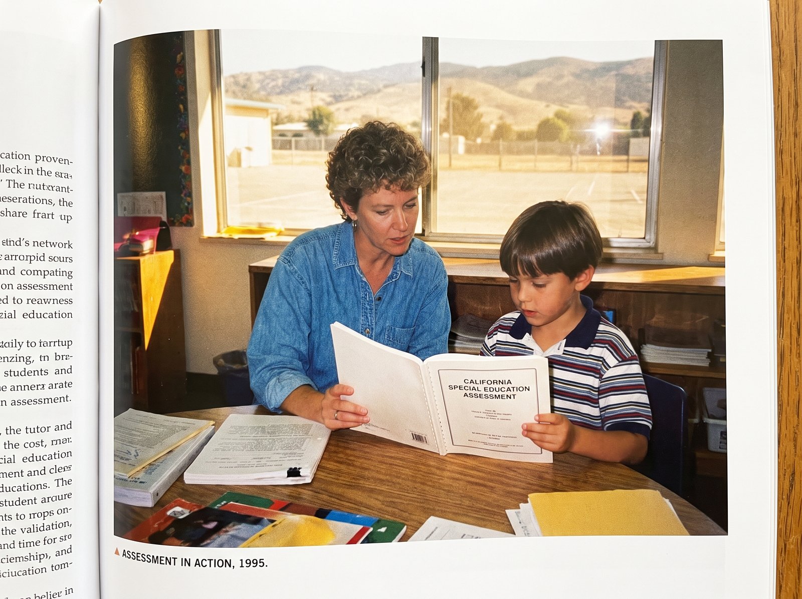 California special education assessment mid-1990s, a child reading with a tutor, warm afternoon light, archival editorial style, the working practice of California special education mental health services.