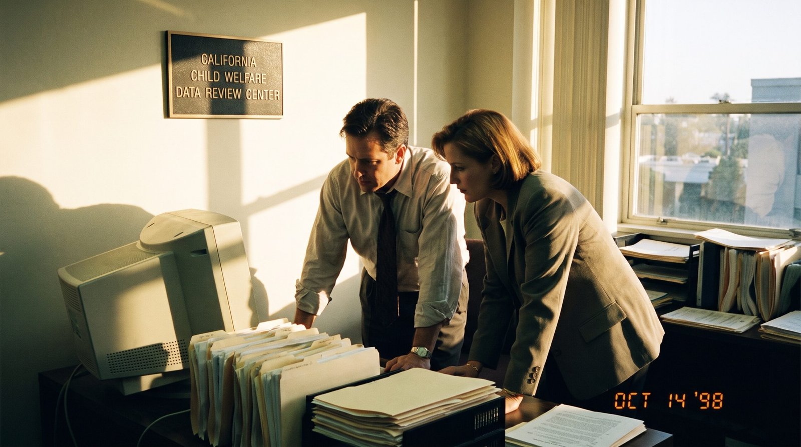 California child welfare data review center late 1990s, two professionals reviewing case files at a computer terminal, late afternoon light, archival editorial style. SB 525 (Polanco, 1999) required statewide tracking of child abuse fatalities.