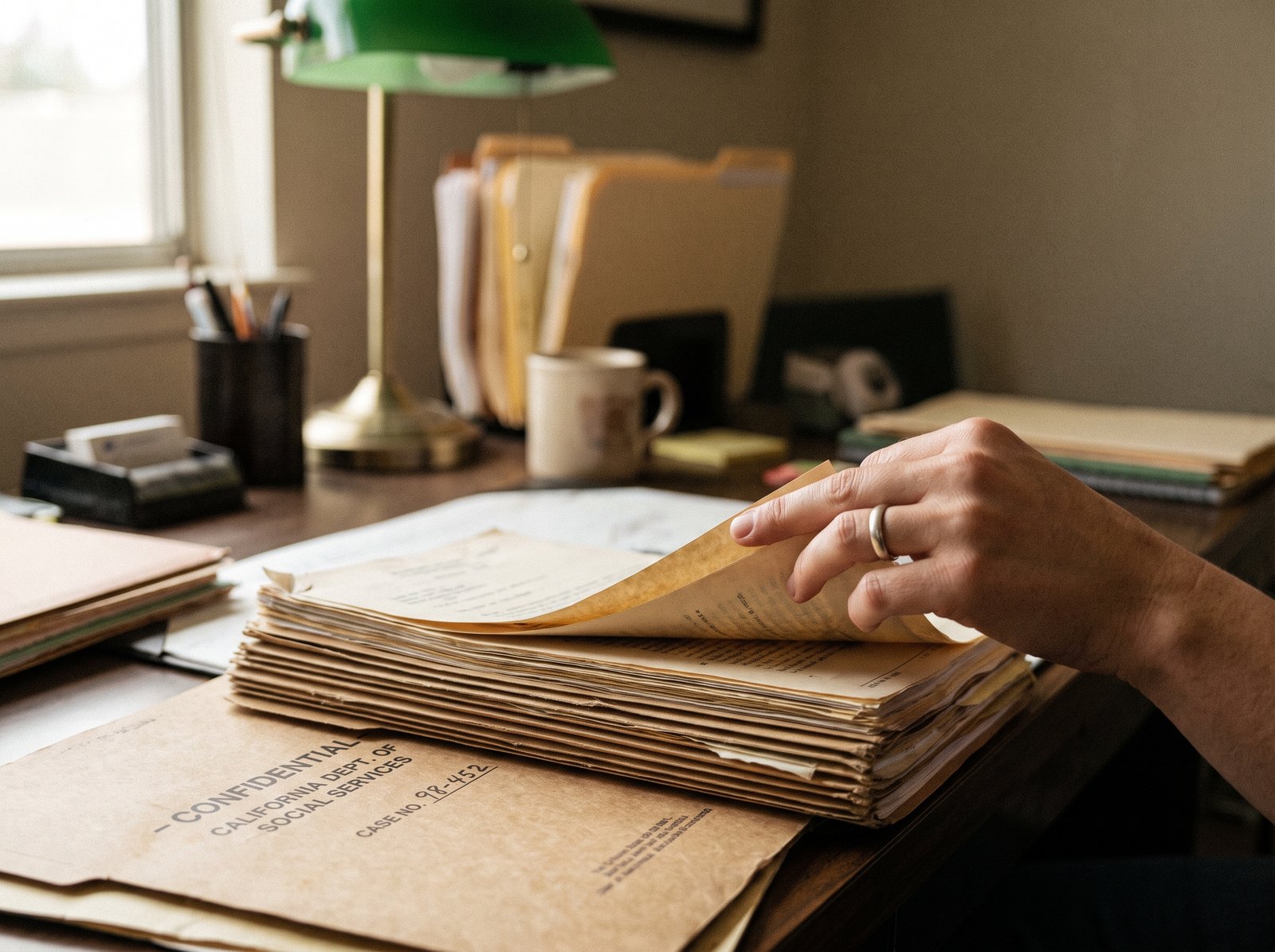 Close-up of California child welfare case files being reviewed late 1990s, a hand turning a page in a thick manila folder, archival editorial style, the working practice of child abuse fatality tracking.