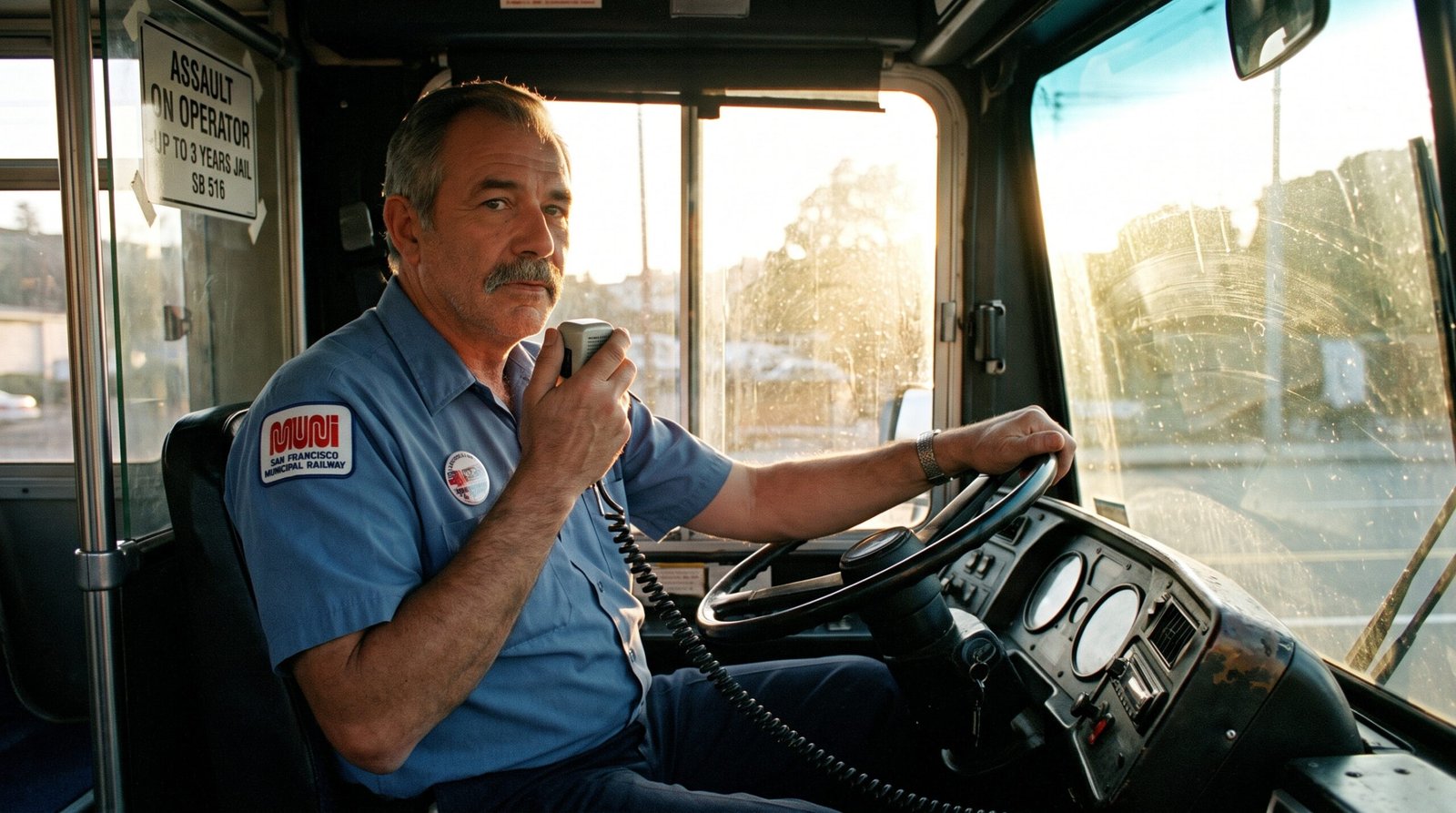 California transit bus operator late 1990s, a uniformed bus driver at the front of a public transit bus, holding a hand microphone, golden hour light through the windshield, archival editorial style, dignified and working-class hero. SB 516 (Polanco, 1998) increased penalties for assault on transit operators.