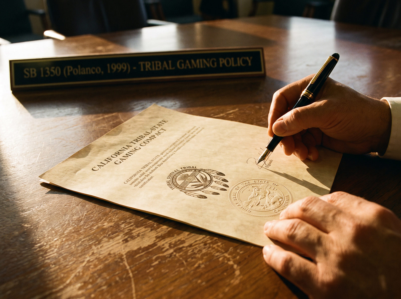 Close-up of a tribal-state gaming compact document being signed on a wooden table, with a tribal seal and a California state seal side by side, late afternoon light, archival editorial style, the working instrument of California tribal-state gaming policy.