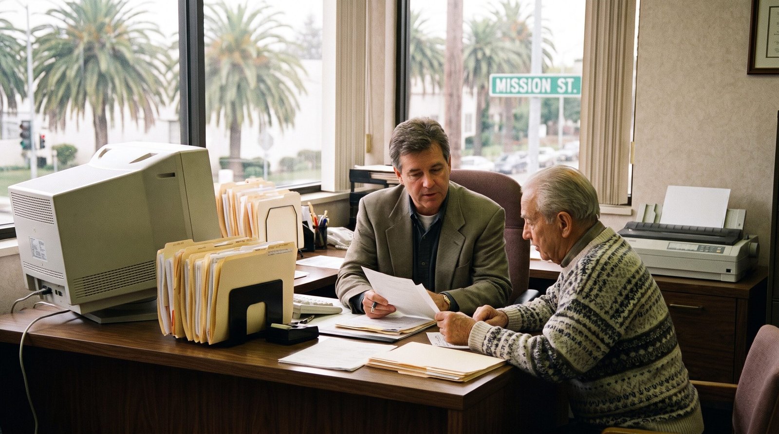 California hospital billing office mid-1990s, a financial counselor seated at a desk with a patient, soft window light, archival editorial style. SB 1255 (Polanco, 1997) required hospitals to provide discounts to uninsured patients.