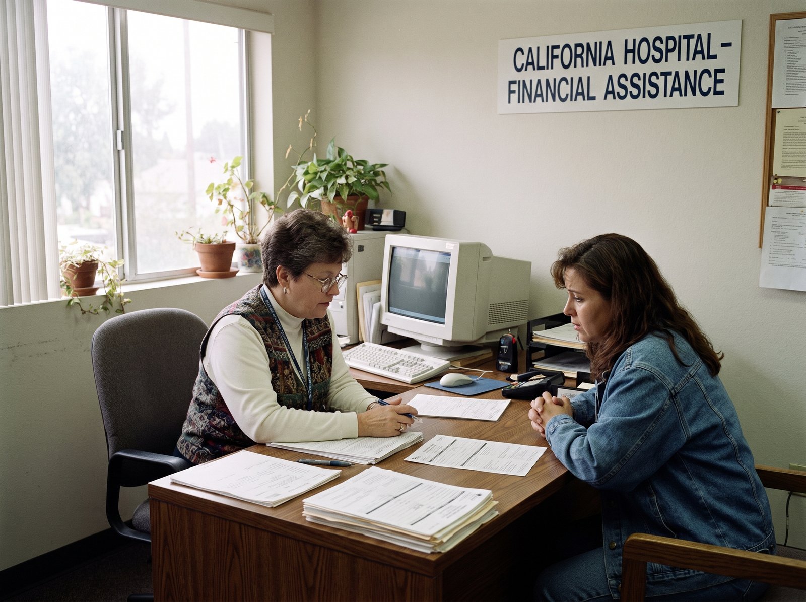 California hospital financial assistance office mid-1990s, a counselor reviewing paperwork with an uninsured patient, soft window light, archival editorial style, the working practice of California uninsured hospital discounts.