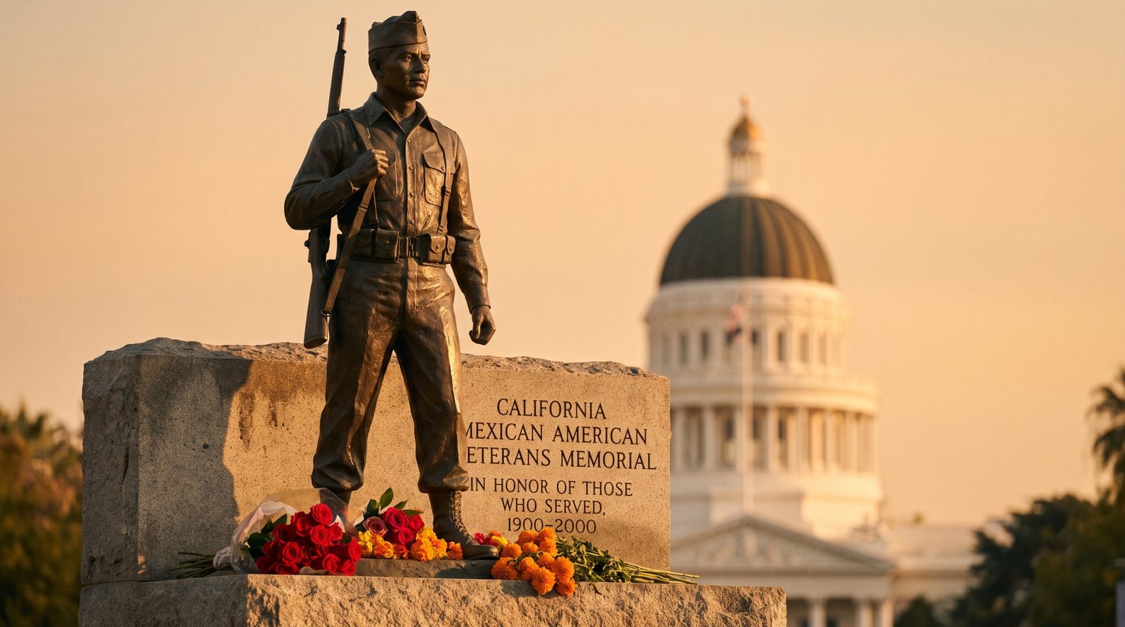 A California Mexican American Veterans Memorial at golden hour, a bronze statue of a uniformed Mexican American soldier on a granite pedestal, fresh flowers laid at the base, the California State Capitol dome visible in the soft background. The memorial was authorized by AB 1350 (Polanco, 1993) to honor Mexican American veterans of the twentieth century.