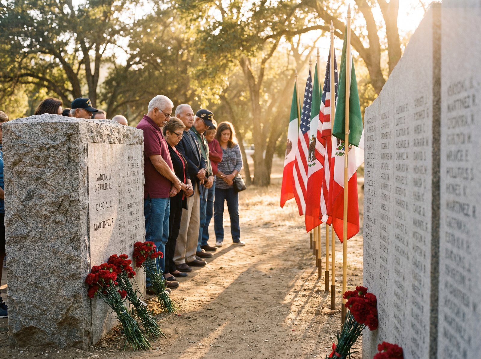 A row of American flags and Mexican flags standing together at attention beside a memorial wall in a California state park, soft focus on engraved names in the granite, a few red carnation bouquets laid at the base, late afternoon golden light, dignified and reverent, the side perspective of the Mexican American Veterans Memorial gathering.